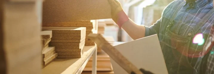 Zwei Personen begutachten Holzplatten im Baumarkt.